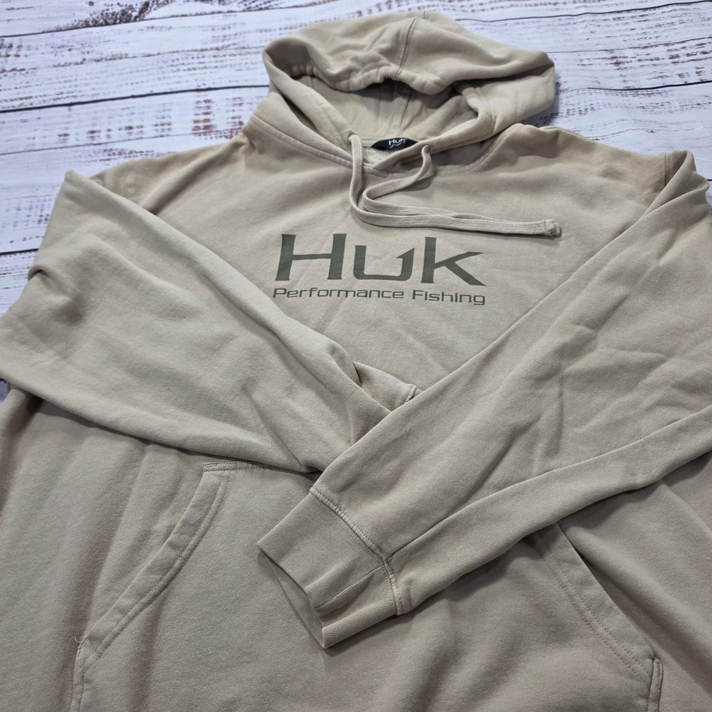 Huk Performance Fishing Hoodie Mens XL Tan Khaki Excellent Logo Sweatshirt - Picture 2 of 9